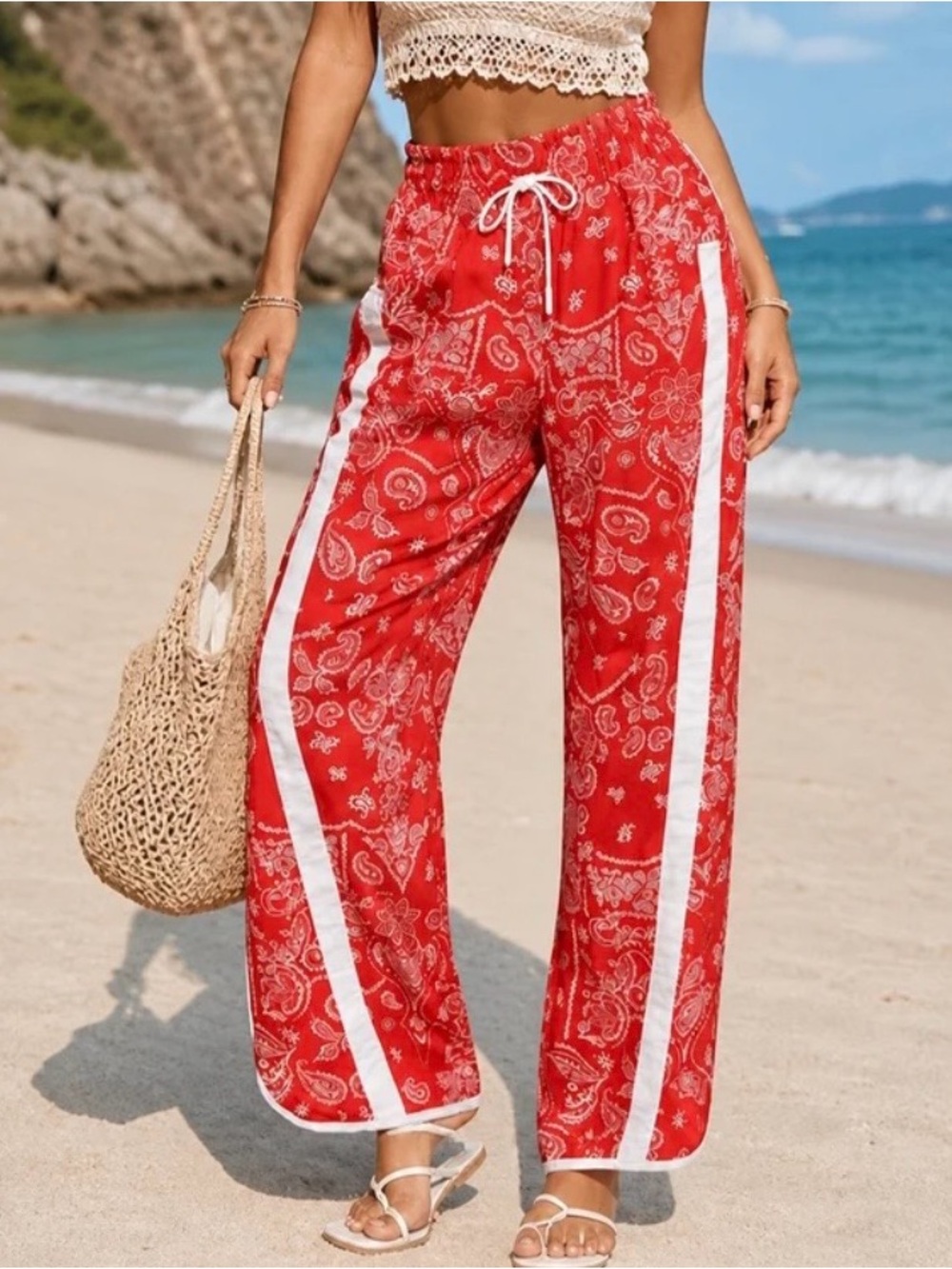 Amazon Red Paisley Wide-Leg Drawstring Pants